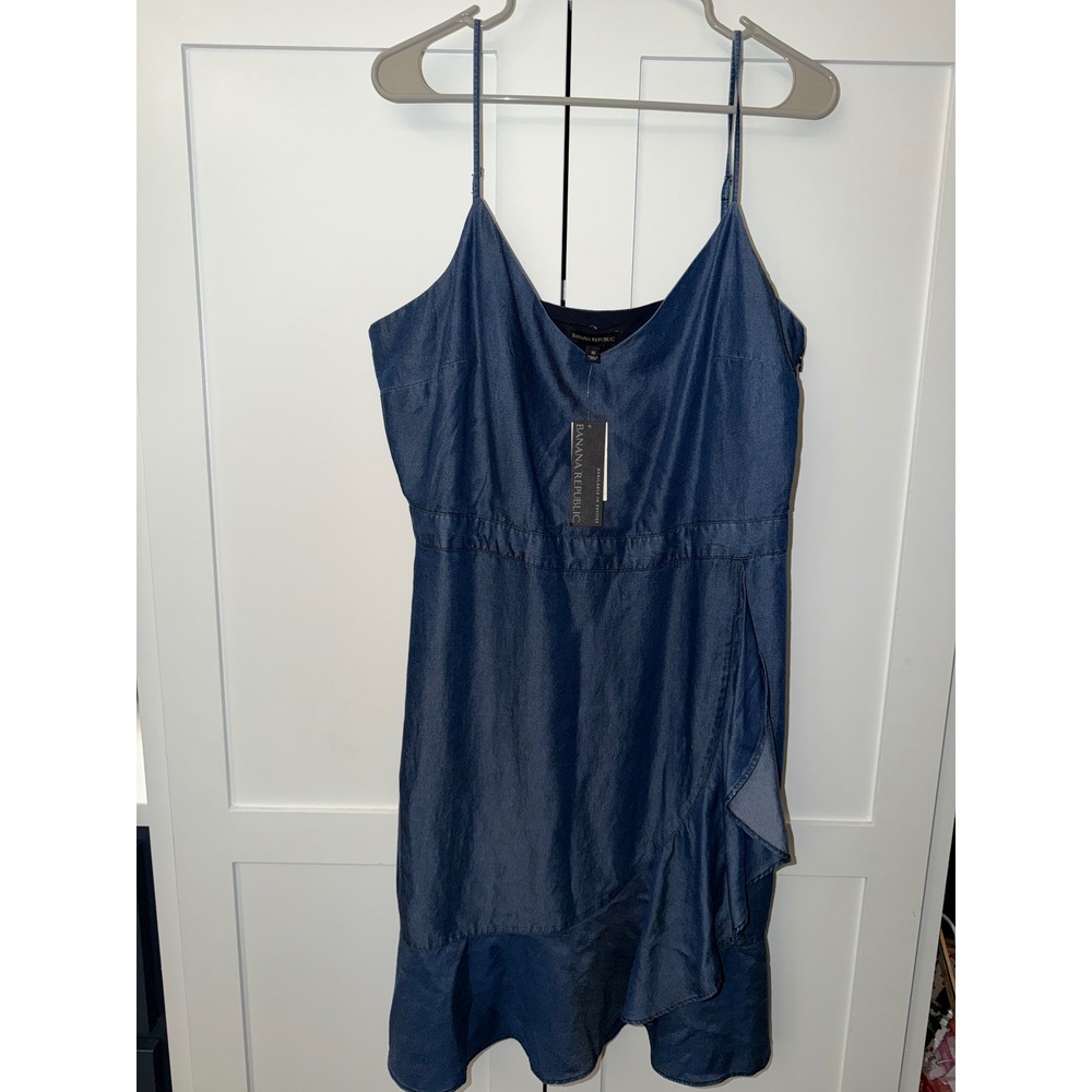 Banana Republic Blue Denim Faux Wrap Ruffle Mini Dress Womens 16 NWT